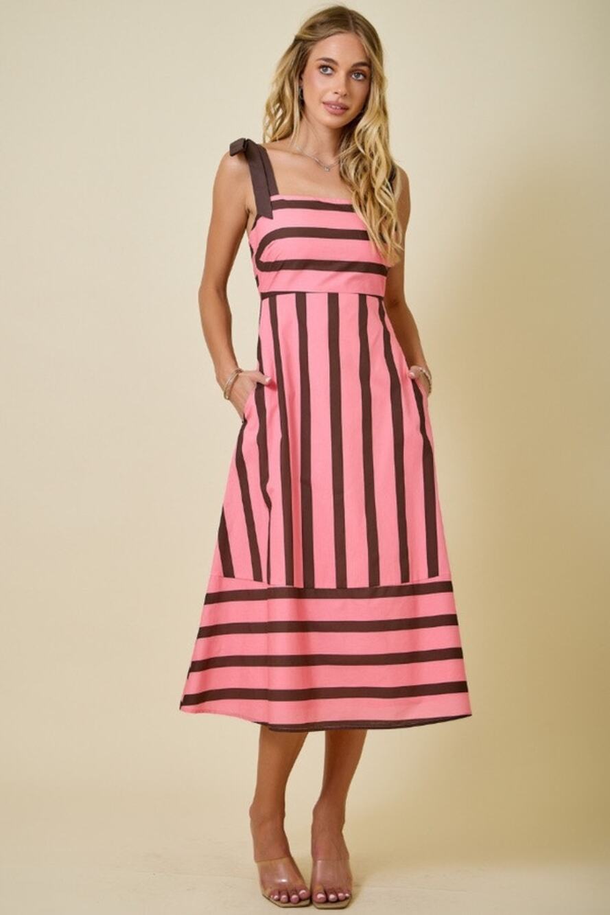 Pants Store Striped Tie Shoulder Midi Dress Pink Brown Cotton‎ Blend L Sundress